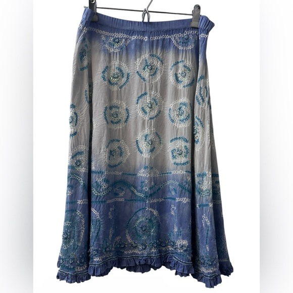 ECI Women’s Blue Ombre Silk Skirt Size 10, Sequin Embroidered Boho A-Line Skirt - Picture 1 of 10